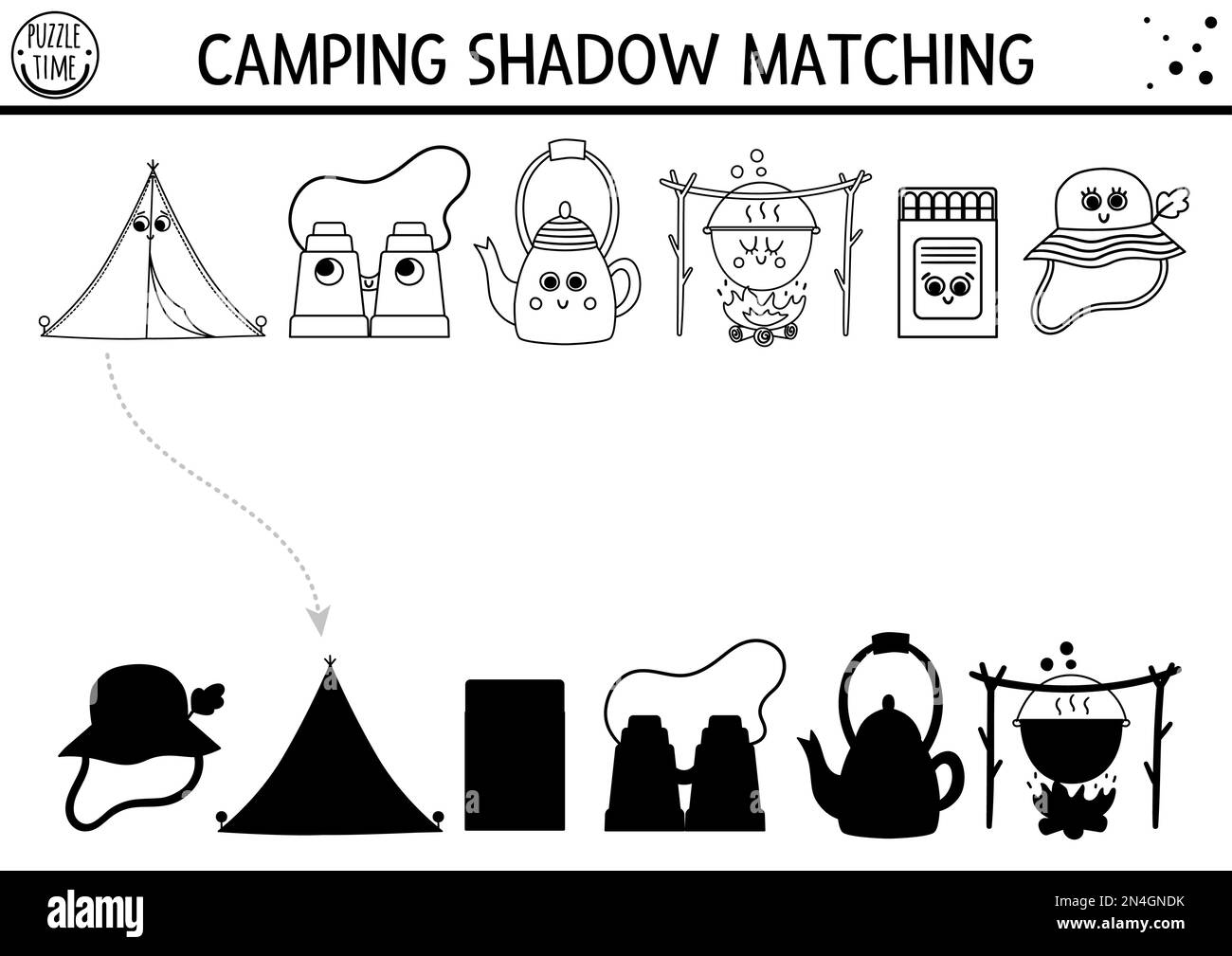 Black and white summer camp shadow matching activity with cute kawaii camping equipment. Family nature trip outline puzzle. Find the correct silhouett Stock Vector