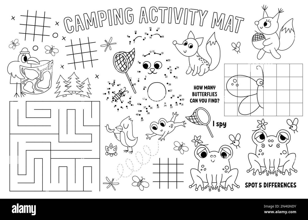 Vector camping placemat for kids. Summer camp holidays printable