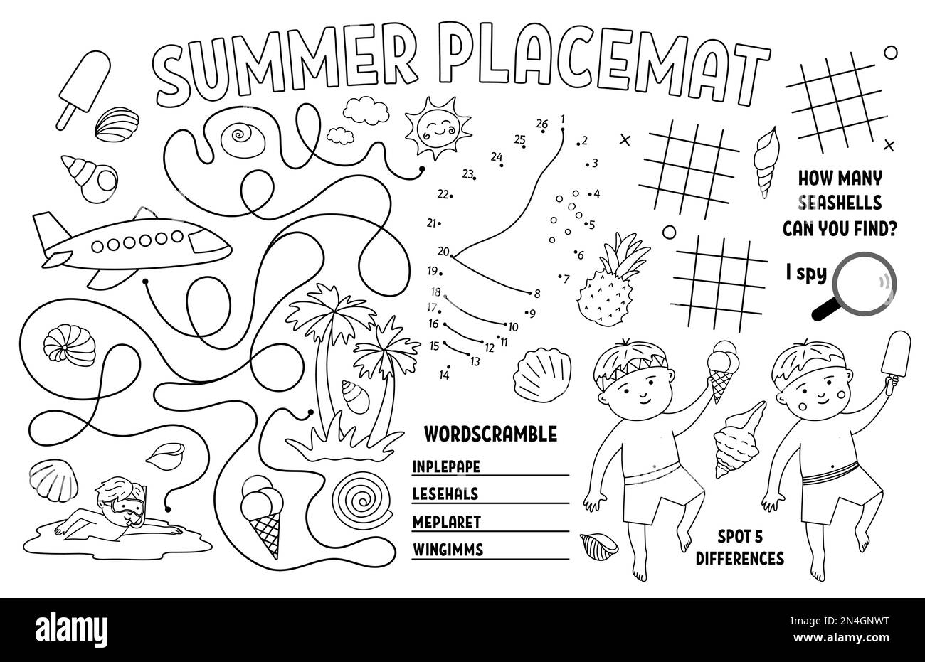 Vector summer placemat for kids. Beach holidays printable activity mat with  difference searching, dot-to-dot, maze. Black and white play mat or colori  Stock Vector Image & Art - Alamy