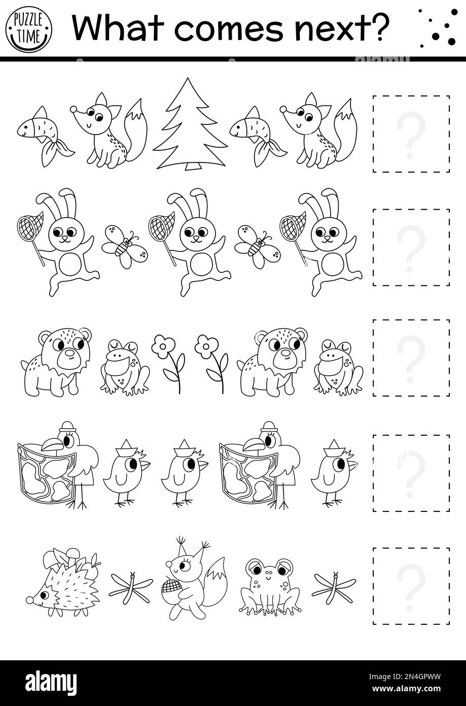 What comes next. Forest black and white matching activity with woodland animals. Funny outline puzzle. Logical worksheet. Continue the row coloring pa Stock Vector
