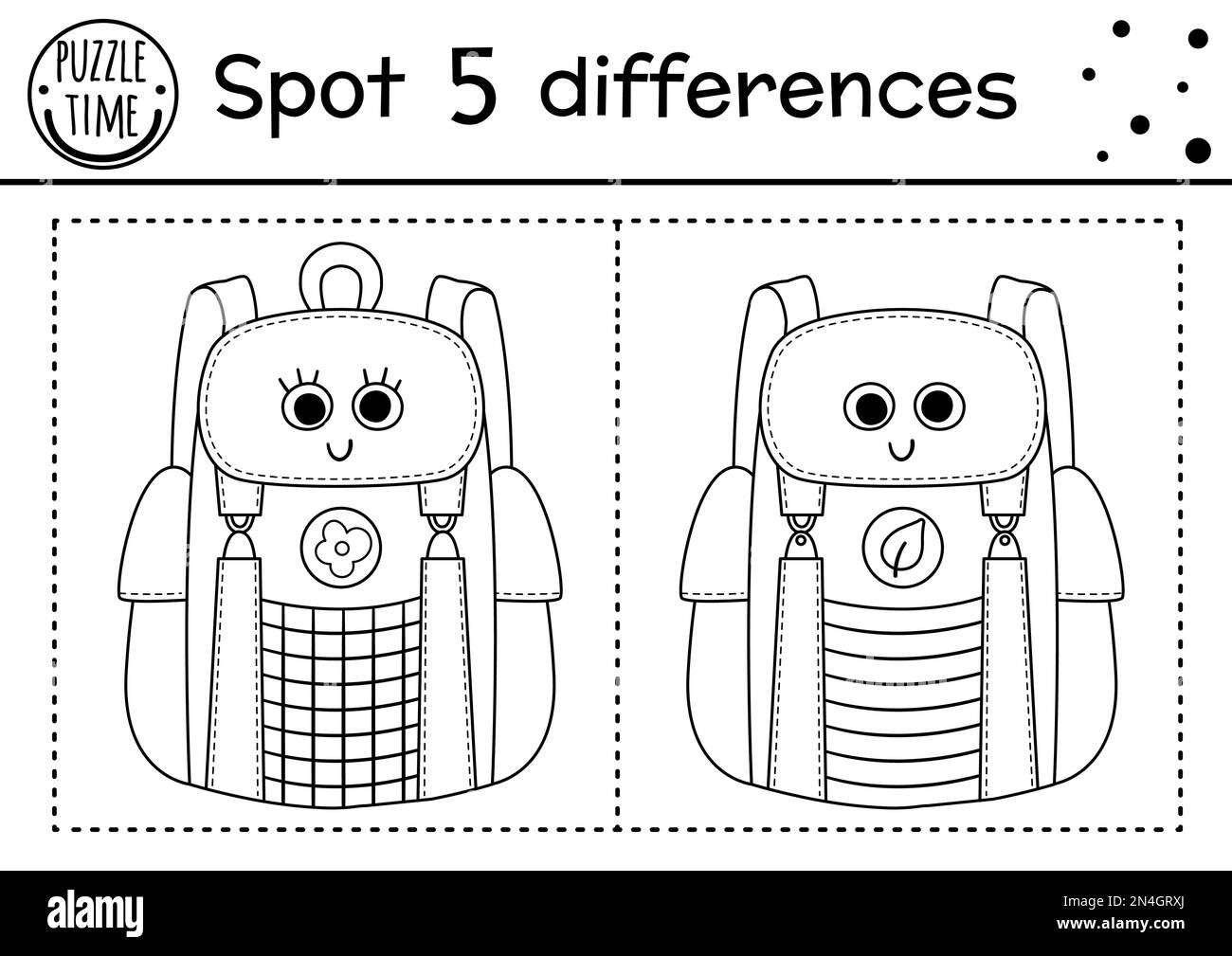 Camping find differences game for children. Black and white educational activity and coloring page with cute smiling kawaii backpack. Summer camp or r Stock Vector