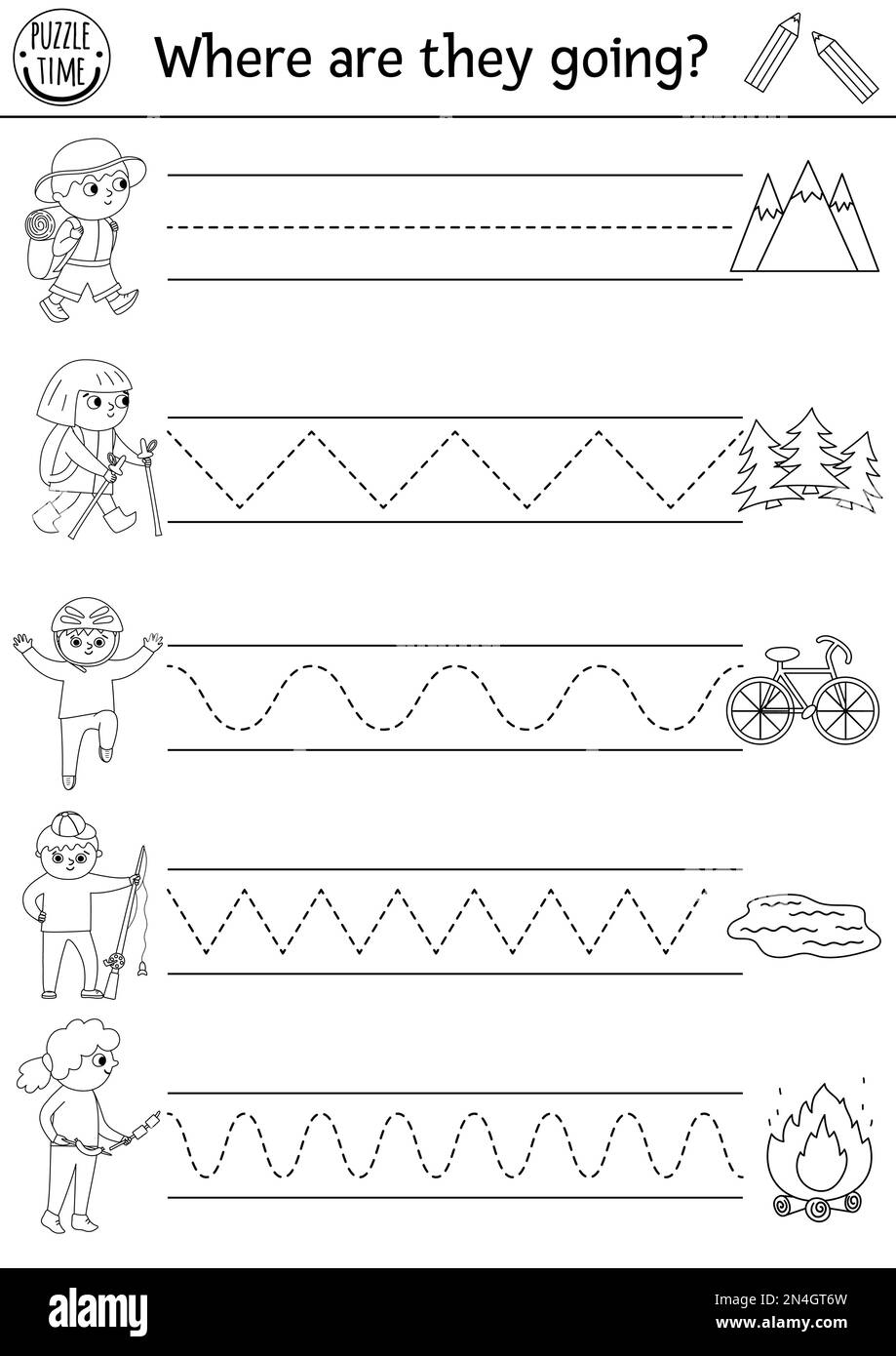 Vector camping handwriting practice worksheet. Summer road trip printable black and white activity for children. Educational tracing game for writing Stock Vector
