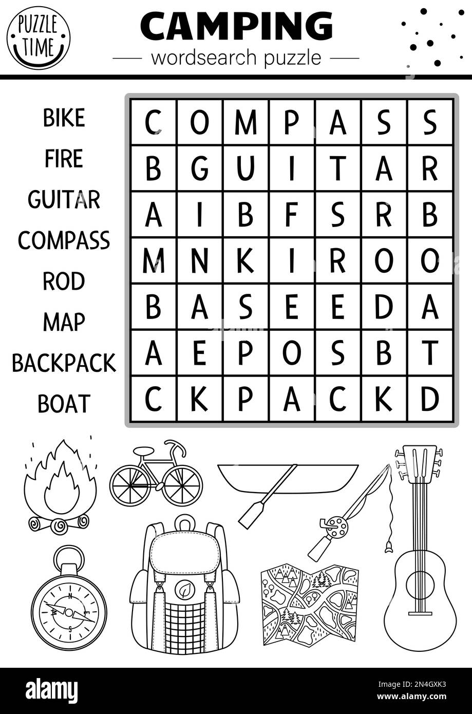 Vector black and white camping wordsearch puzzle. Simple forest summer camp outline crossword or coloring page. Educational keyword activity with kids Stock Vector