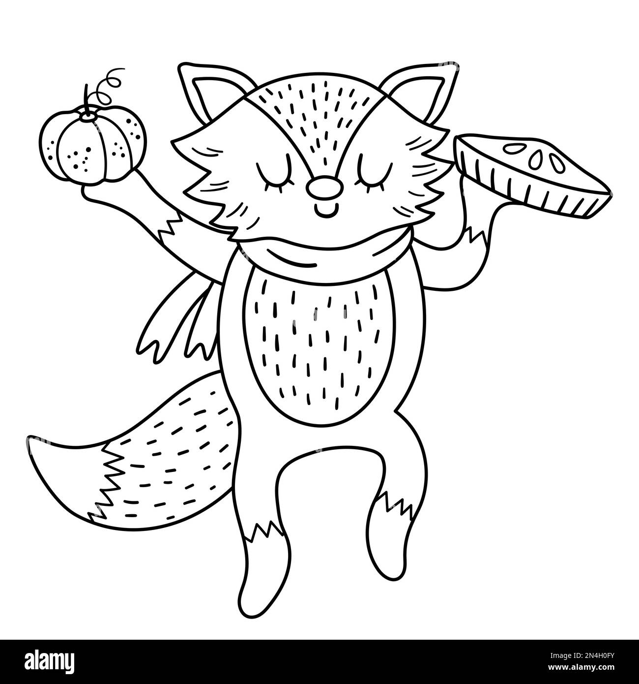 Cute black and white fox in scarf with pumpkin pie. Vector outline