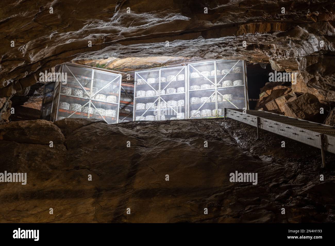 Cheddar cheese maturing in Goughs Cave in Cheddar in Somerset Stock