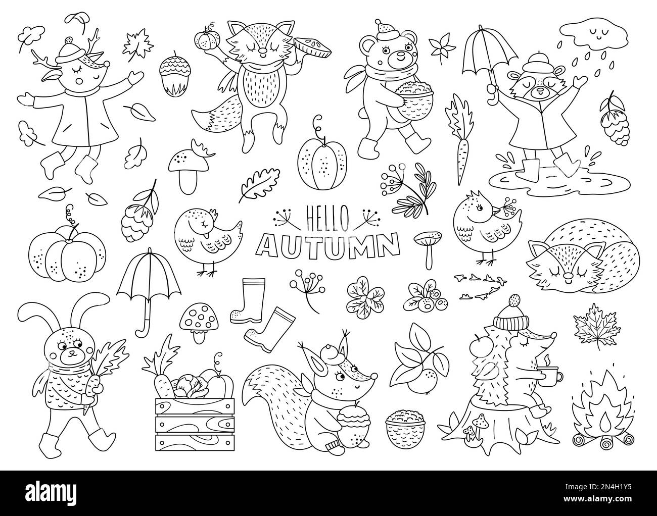 Black and white vector autumn animals set. Cute outline woodland ...