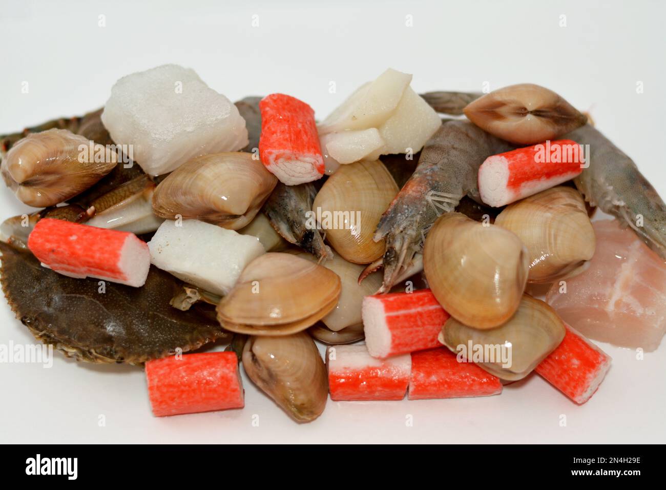 background of fresh seafood marine crabs, shrimps, clams, mussels