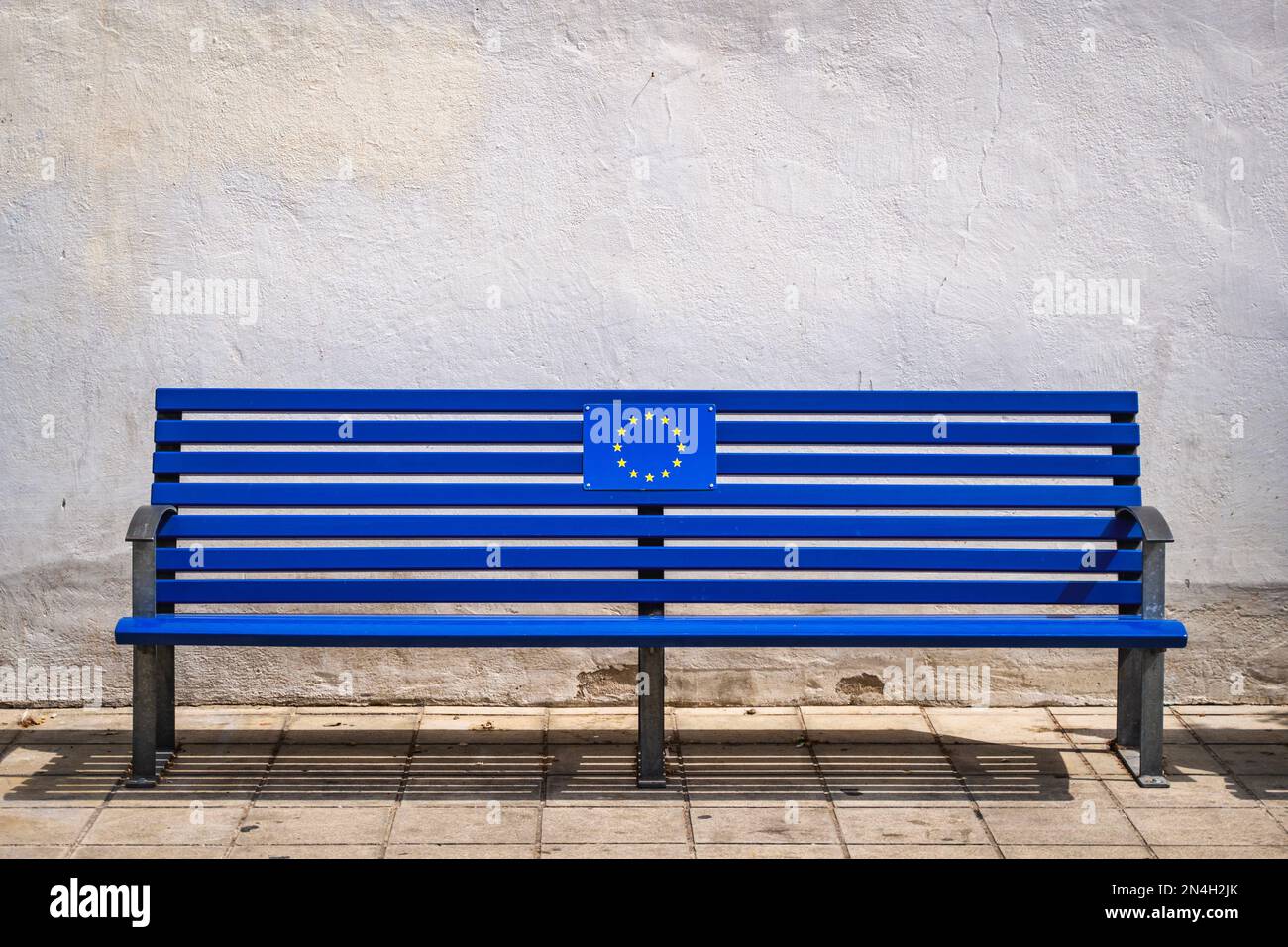 Europe Bench A closeup view of a blue bench with the Europe Union logo Stock Photo ...
