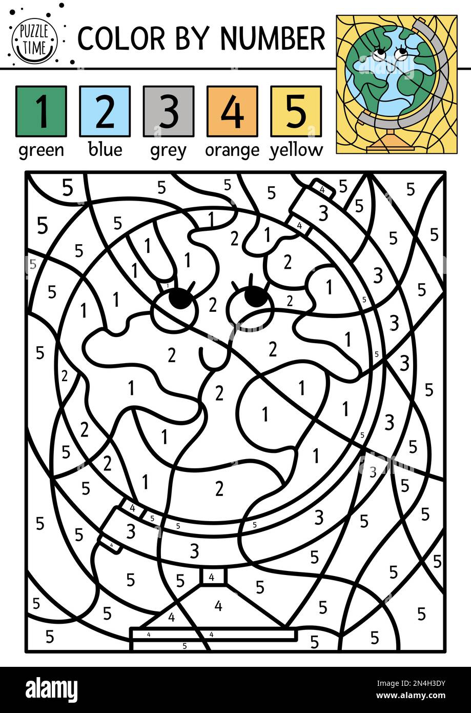 Vector color by number activity with cute kawaii globe. Back to school ...