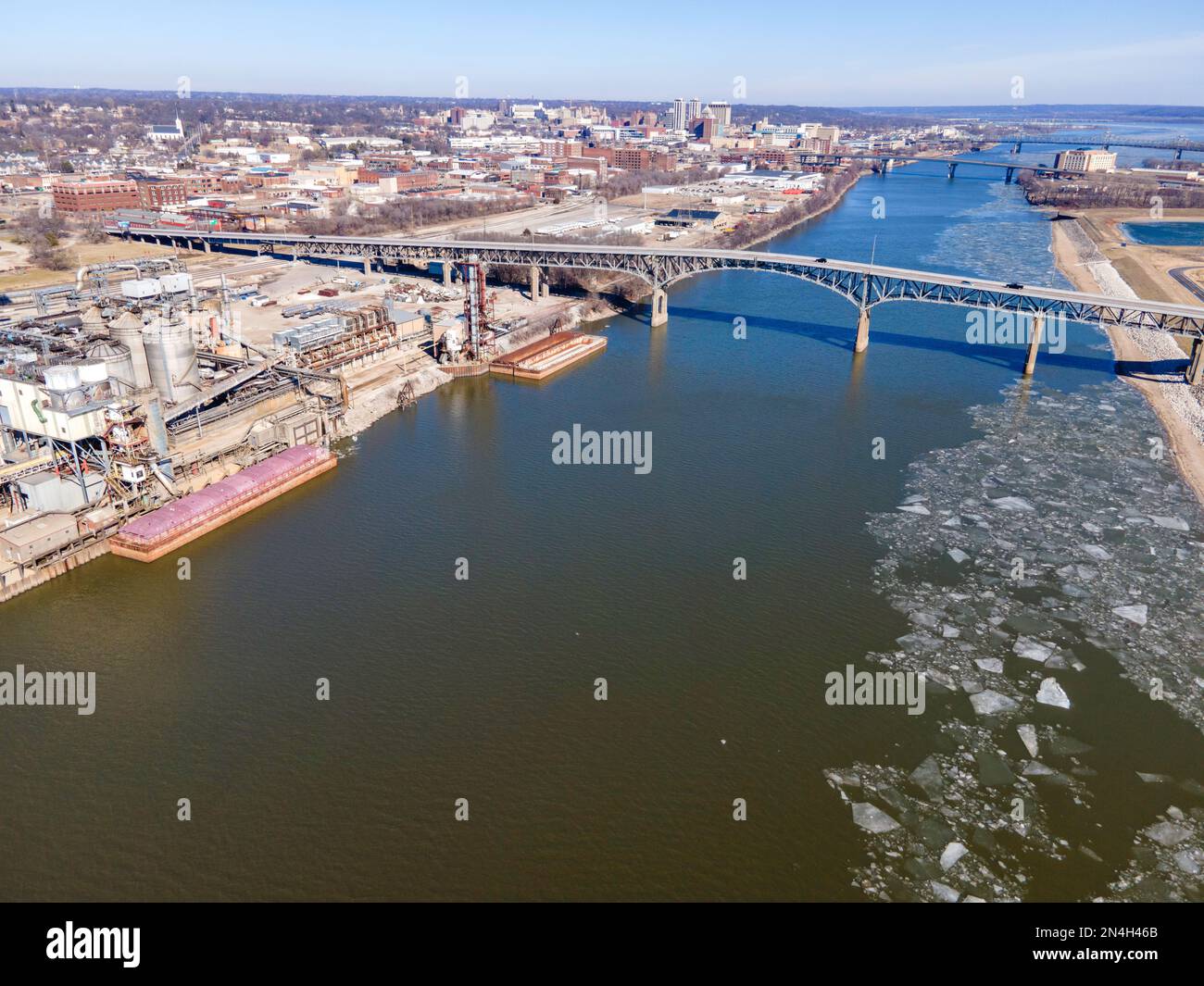 Aerial photograph of Peoria, Illinois, US, on a cold winter morning
