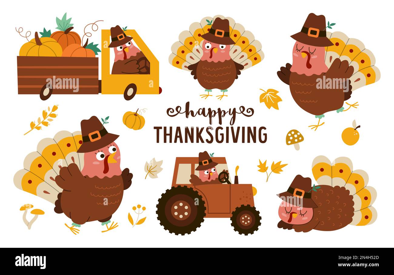 Vector Thanksgiving turkey set. x. Autumn birds icon. Fall holiday animal in pilgrim hat pack isolated on white background. Gobblers driving a car wit Stock Vector