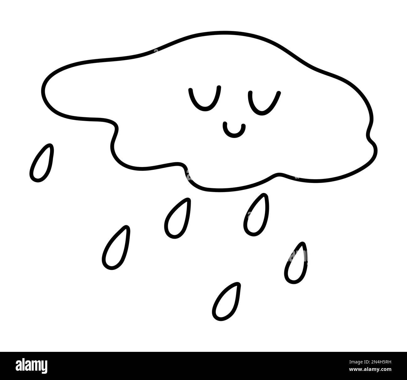 Cute black and white smiling cloud with rain drops. Vector outline autumn weather character isolated on white background. Fall season kawaii line icon Stock Vector