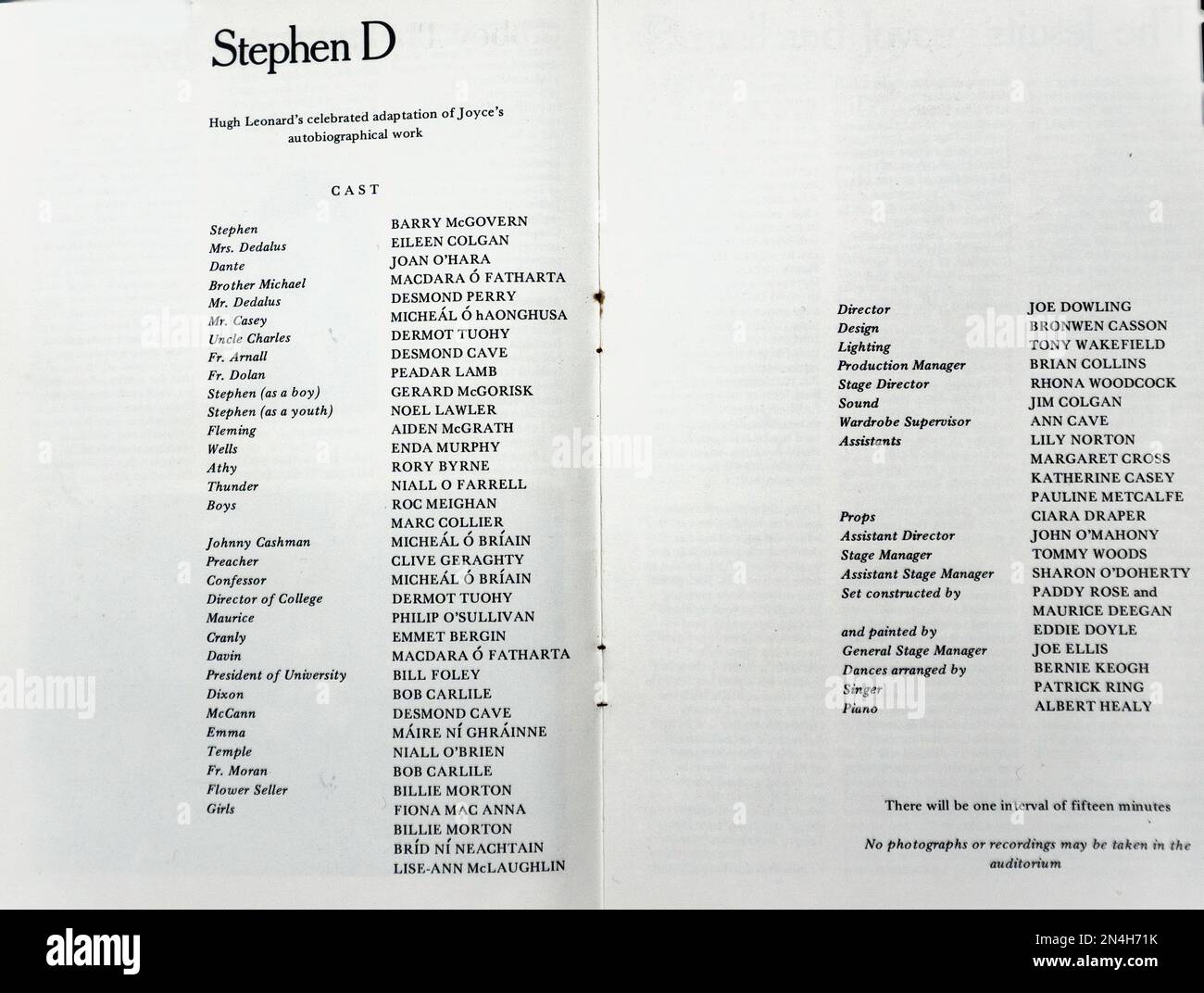 The cast list for the 1978 production of Stephen D, Hugh Leonards adaptation of James Joyce’s autobiographical book. In the Abbey theatre, Dublin, Ireland. Director Joe Dowling. Stock Photo