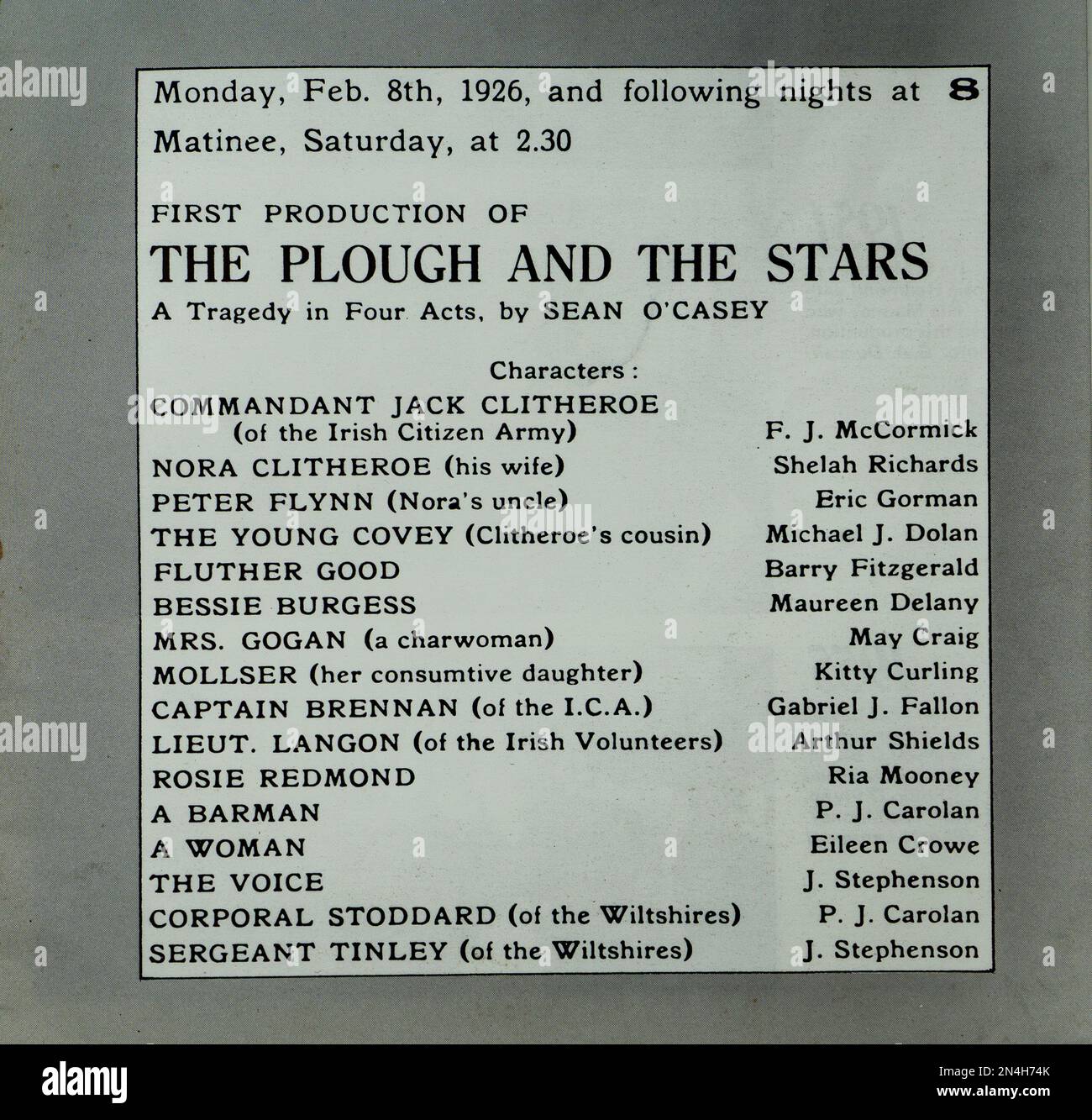 The original cast list for the 1926 production of The Plough and the Stars, By Sean O’ Casey in the Abbey Theatre, Dublin, Ireland. Stock Photo