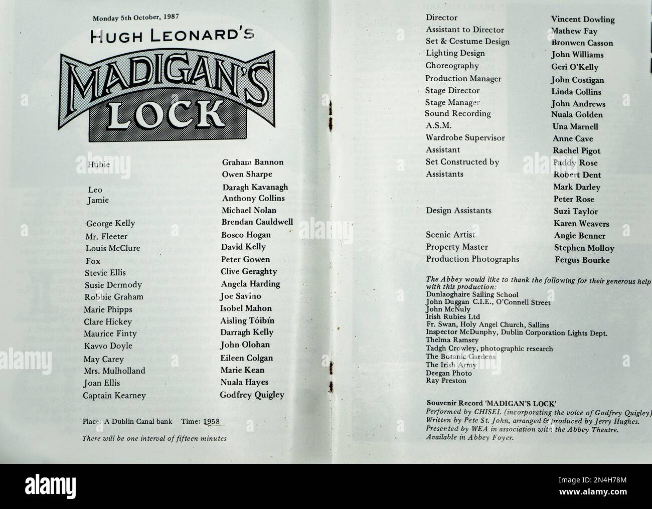 The cast list for the 1987 production of Hugh Leonard’s Madigan’s Lock, in The Abbey Theatre, Dublin, Ireland. Director Vincent Dowling. Stock Photo