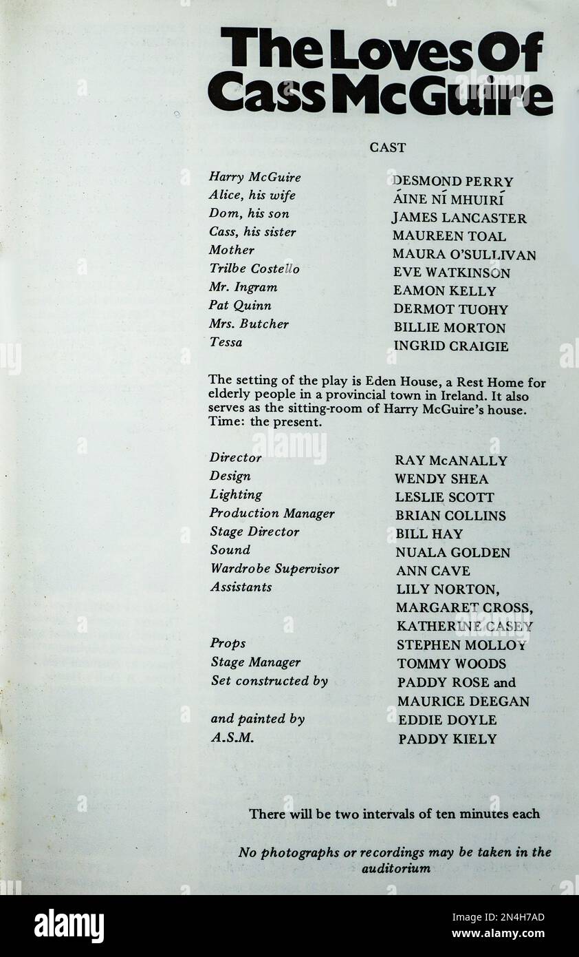 The cast list for the 1978 production of The Loves of Cass Maguire by Brian Friel, in The Abbey Theatre, Dublin, Ireland. Director Ray McANally. Stock Photo