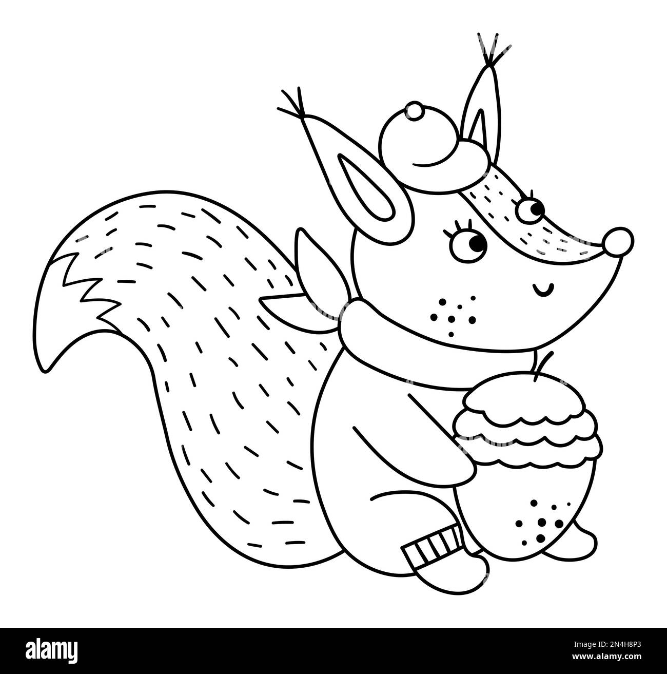 Cute black and white squirrel with acorn with cap and scarf. Vector