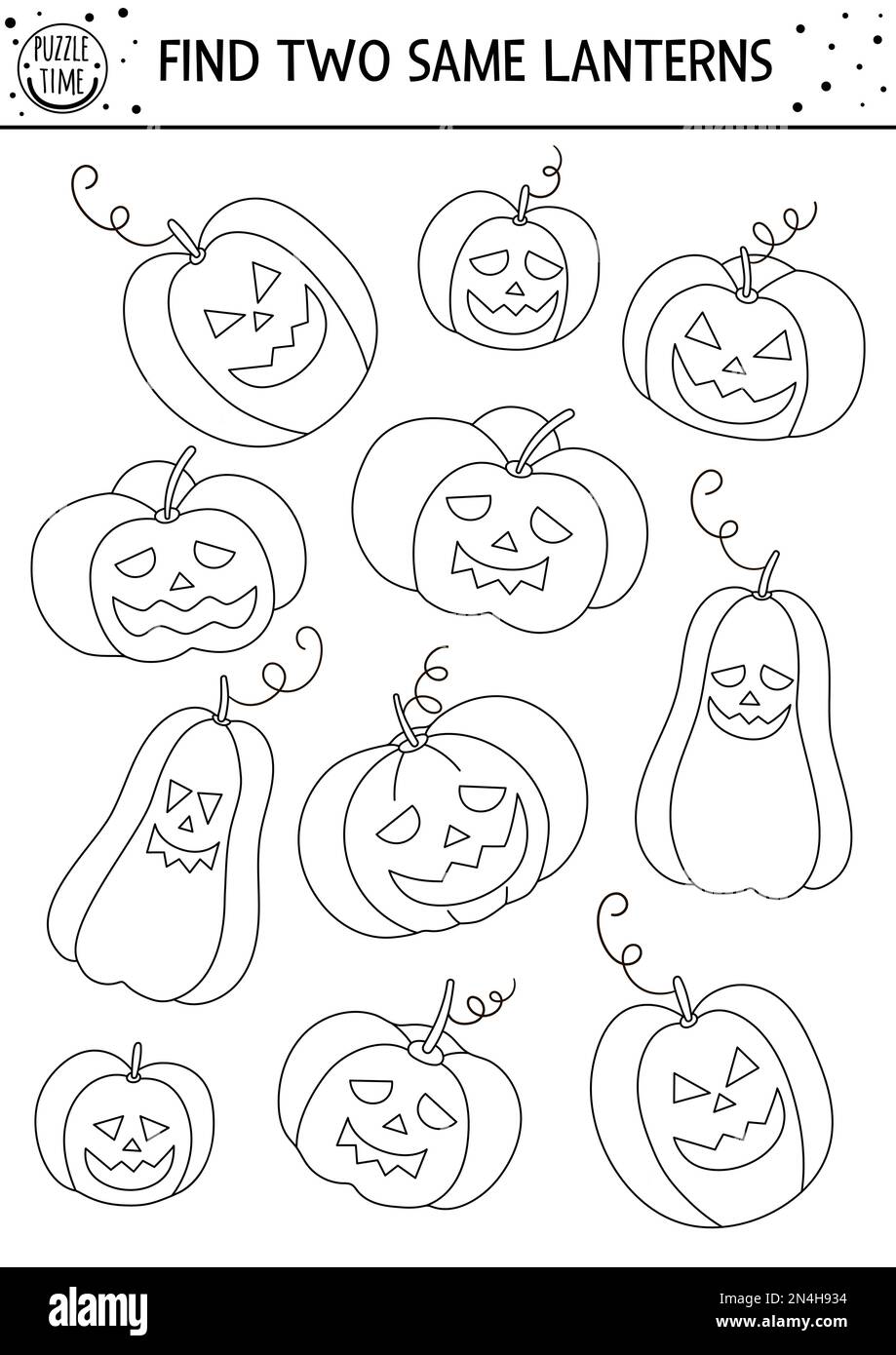 Find two same jack-o-lanterns. Black and white Halloween matching activity.  Funny outline autumn quiz worksheet or coloring page for kids. Simple prin  Stock Vector Image & Art - Alamy