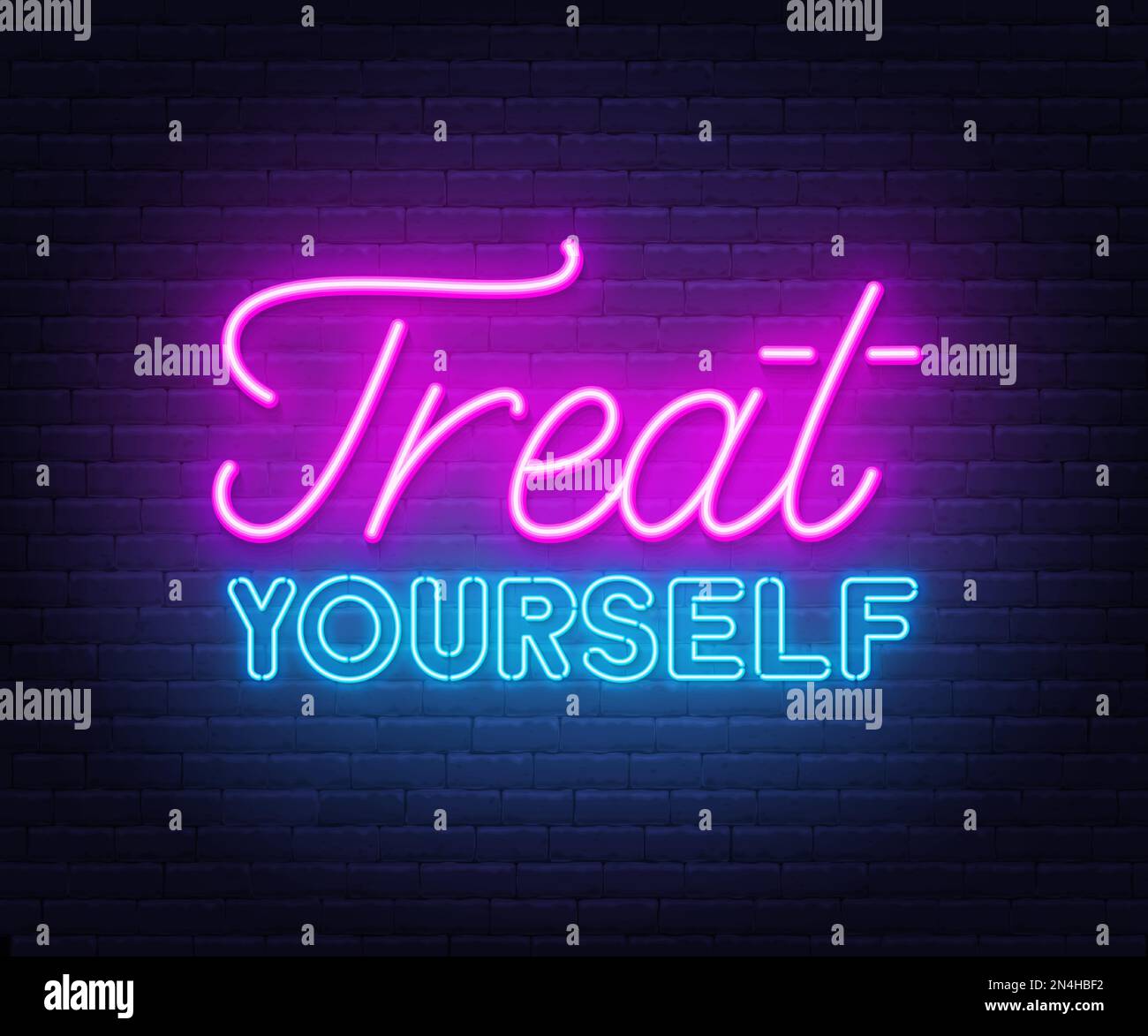 Treat Yourself neon quote on brick wall background. Inspirational