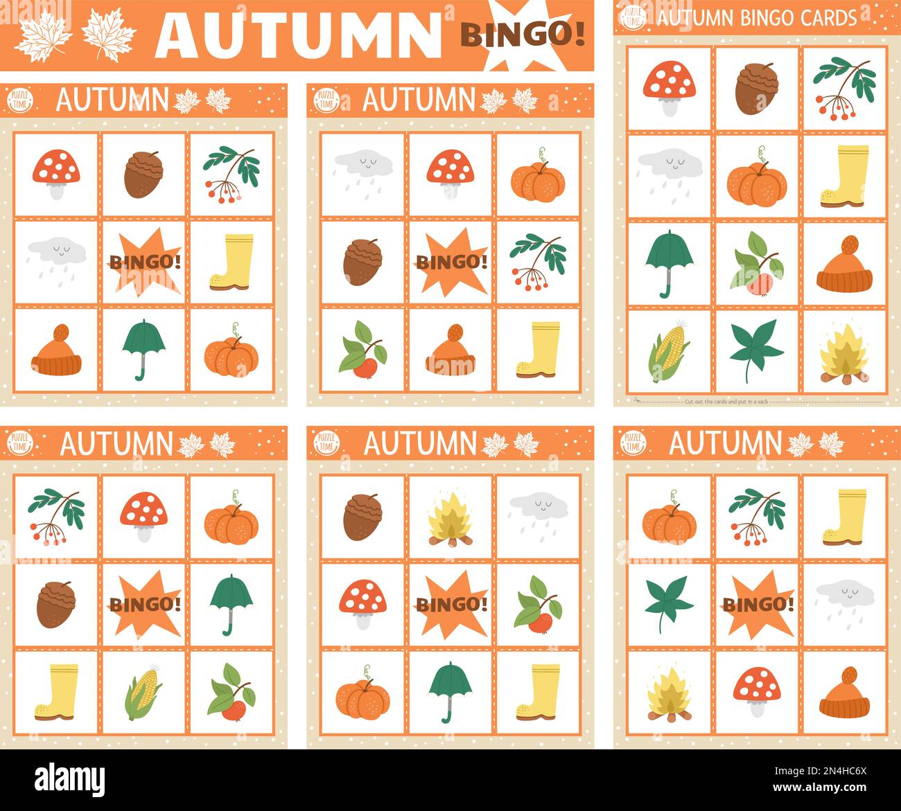 Vector Autumn bingo cards set. Fun family lotto board game with cute pumpkin, mushroom, umbrella for kids. Fall seasonal lottery activity. Simple educ Stock Vector
