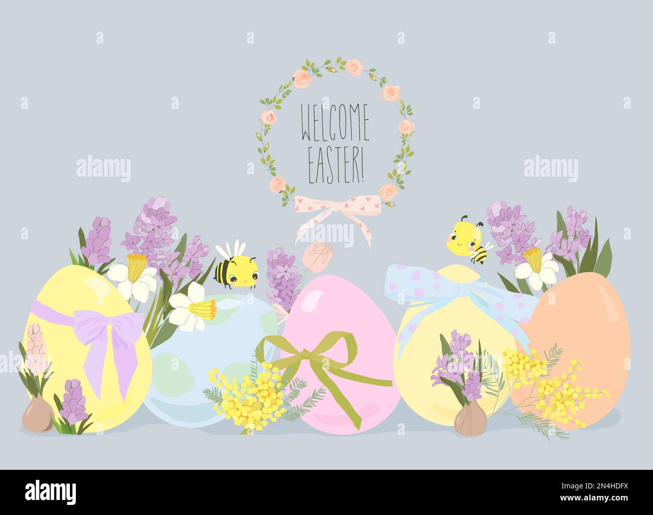 Greeting Card with Spring Flowers and Easter Eggs Stock Vector