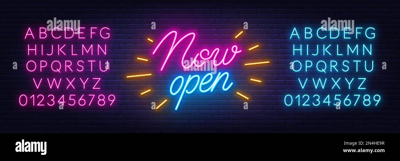 Now Open neon sign on brick wall background. Pink and blue neon