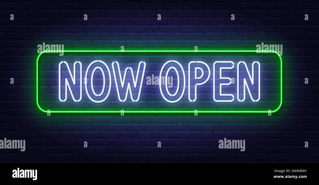 Now Open neon sign on brick wall background Stock Vector Image & Art