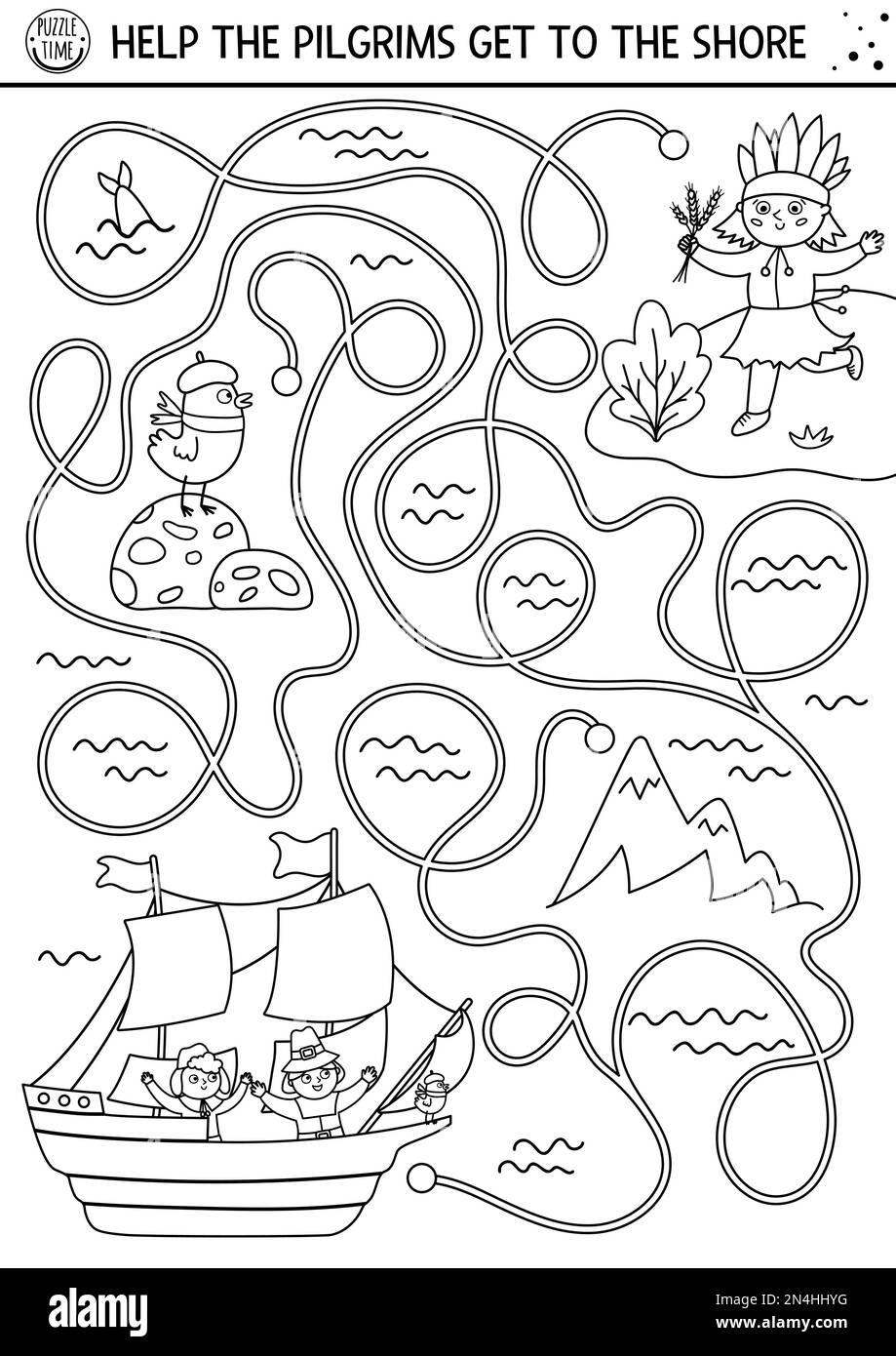 Thanksgiving Day black and white maze for children. Autumn line holiday ...