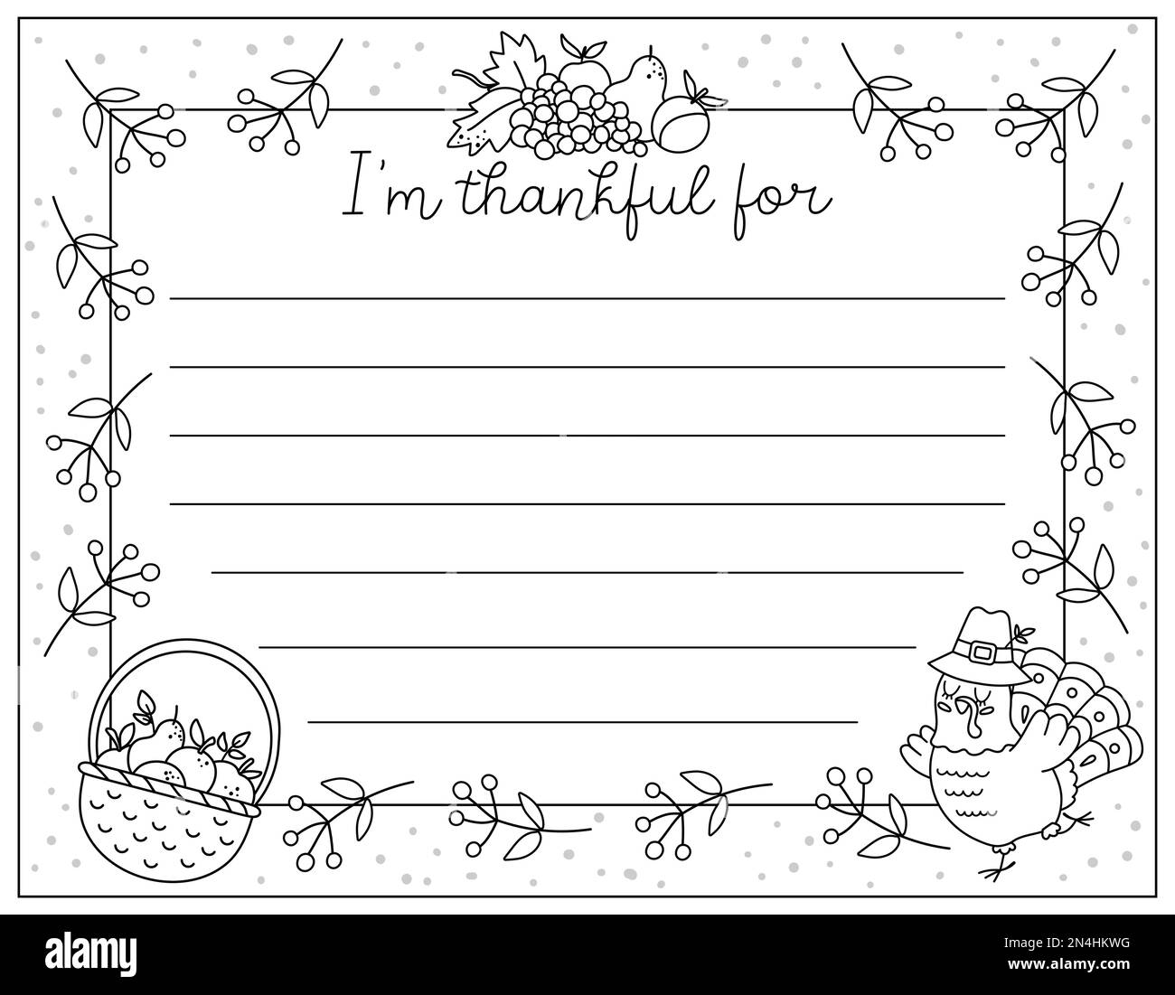 Vector black and white Thanksgiving card. Im thankful for horizontal line letter template with cute turkey, basket with apples, fruit harvest. Autumn Stock Vector