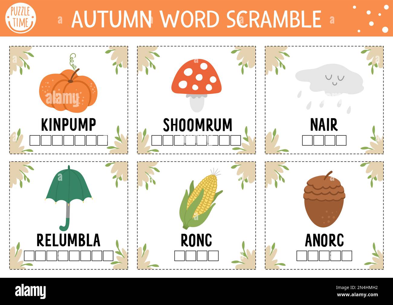 Vector Autumn word scramble activity cards. English language game with cute pumpkin, mushroom, umbrella for kids. Fall season family quiz. Simple educ Stock Vector