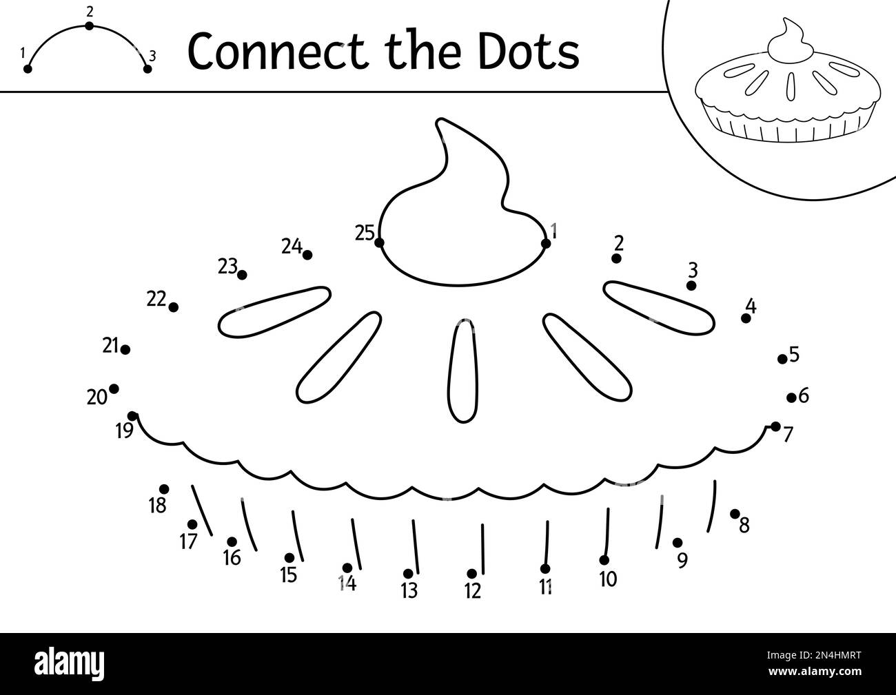 Vector dot-to-dot and color activity with pumpkin pie. Thanksgiving connect the dots game for children with traditional food. Coloring page for kids. Stock Vector