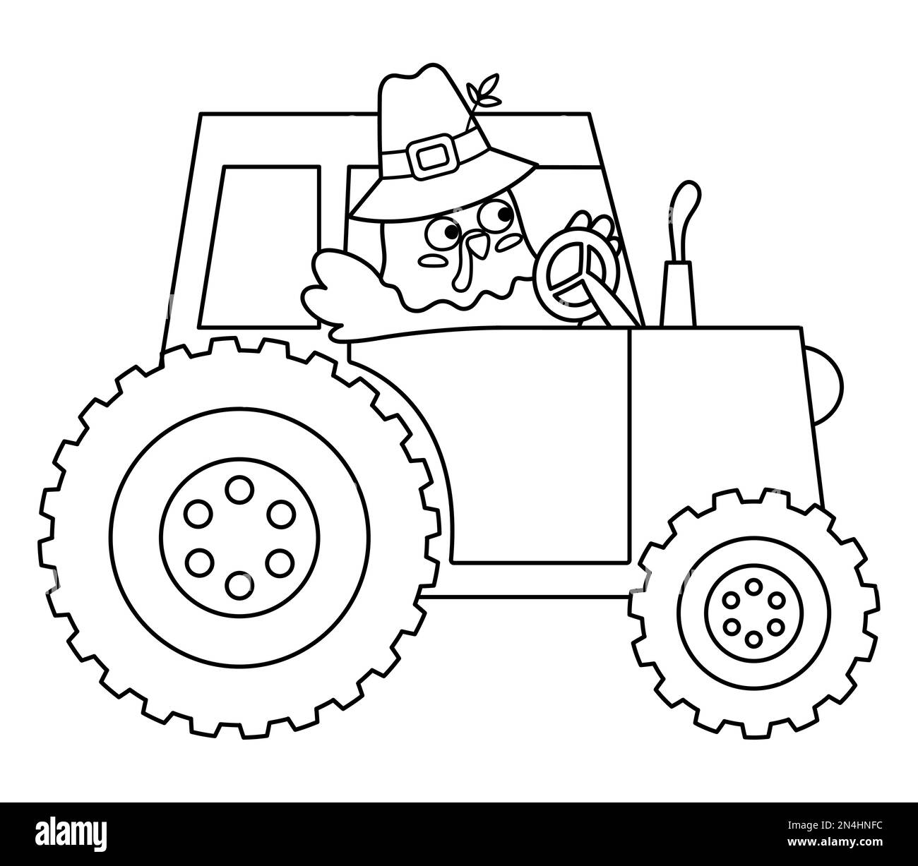 Vector black and white Thanksgiving turkey in pilgrim hat. Autumn bird line icon. Outline fall holiday animal driving tractor isolated on white backgr Stock Vector