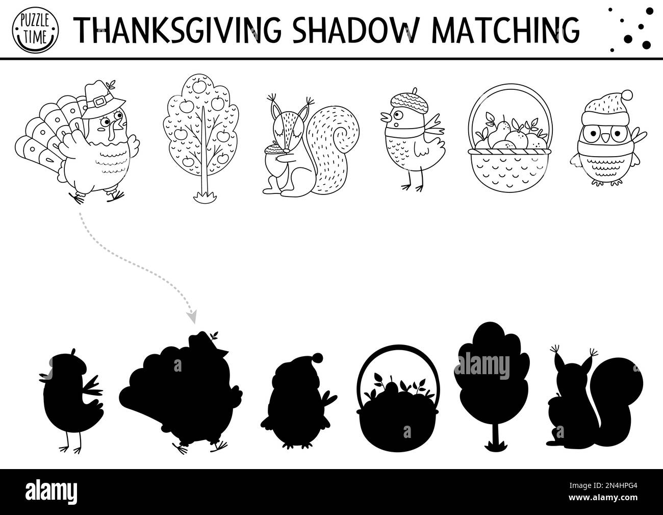 Thanksgiving black and white shadow matching activity with cute animals, harvest. Autumn holiday line puzzle with turkey, apples. Find correct silhoue Stock Vector