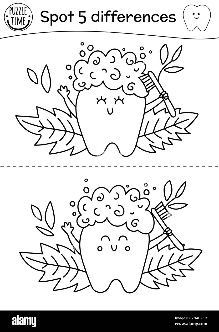 Black and white dental care find differences game for children. Mouth