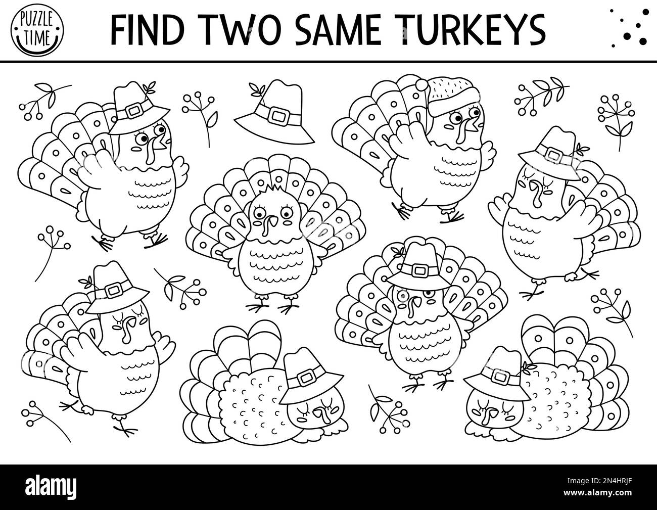 Find two same turkeys. Thanksgiving black and white matching activity for children. Funny autumn line quiz worksheet for kids for attention skills. Si Stock Vector