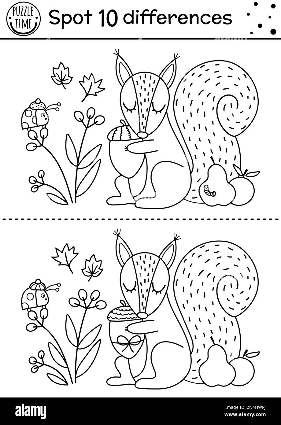 Find differences line game for kids. Black and white Autumn forest ...