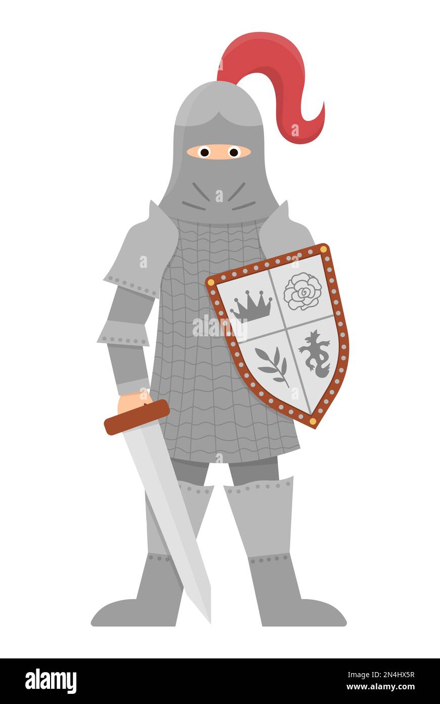 Fairy tale knight. Fantasy armored warrior isolated on white background. Fairytale soldier in helmet with sword, shield, chain mail. Cartoon icon with Stock Vector