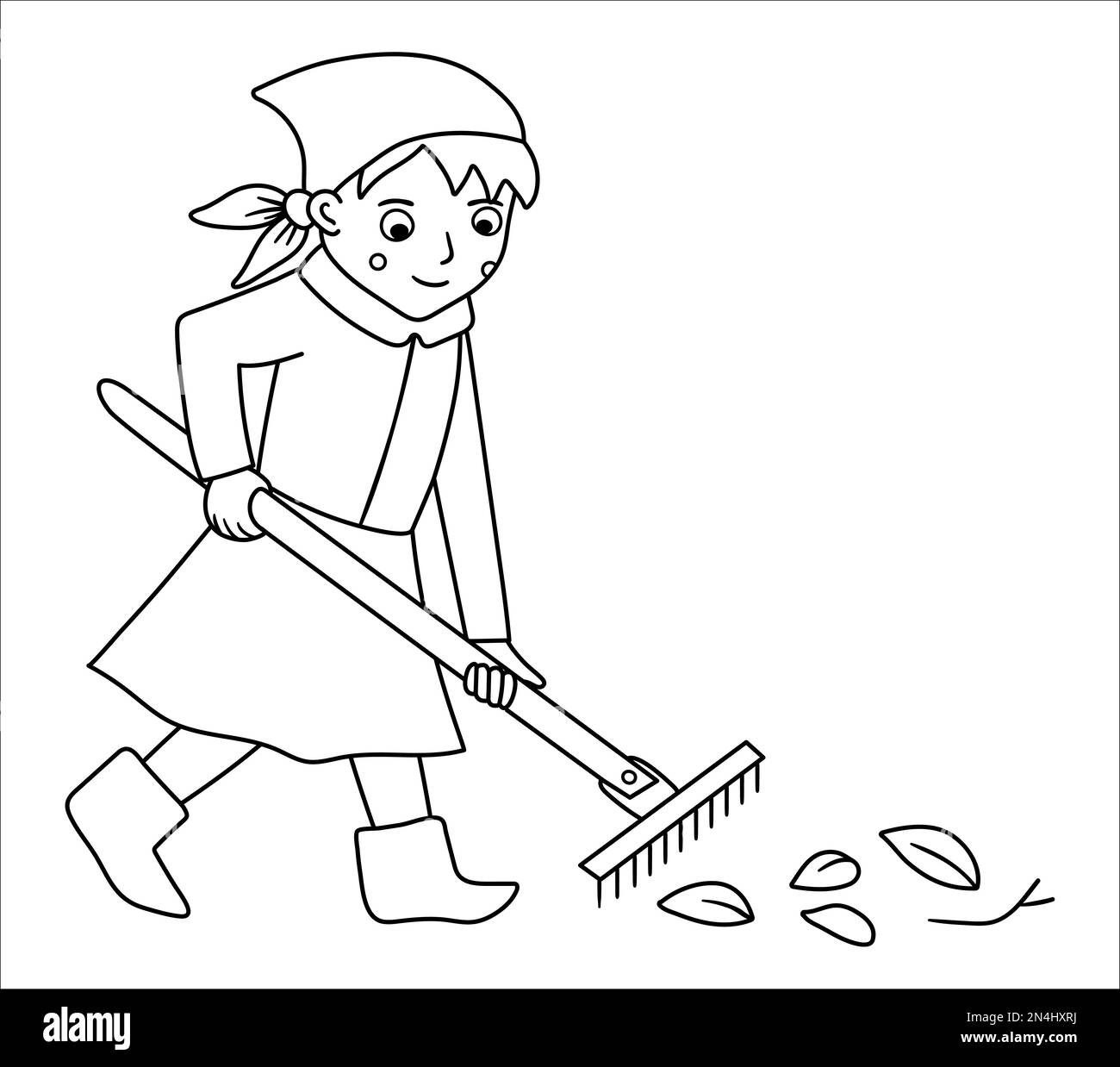 Vector black and white girl raking leaves with rakes illustration. Cute ...