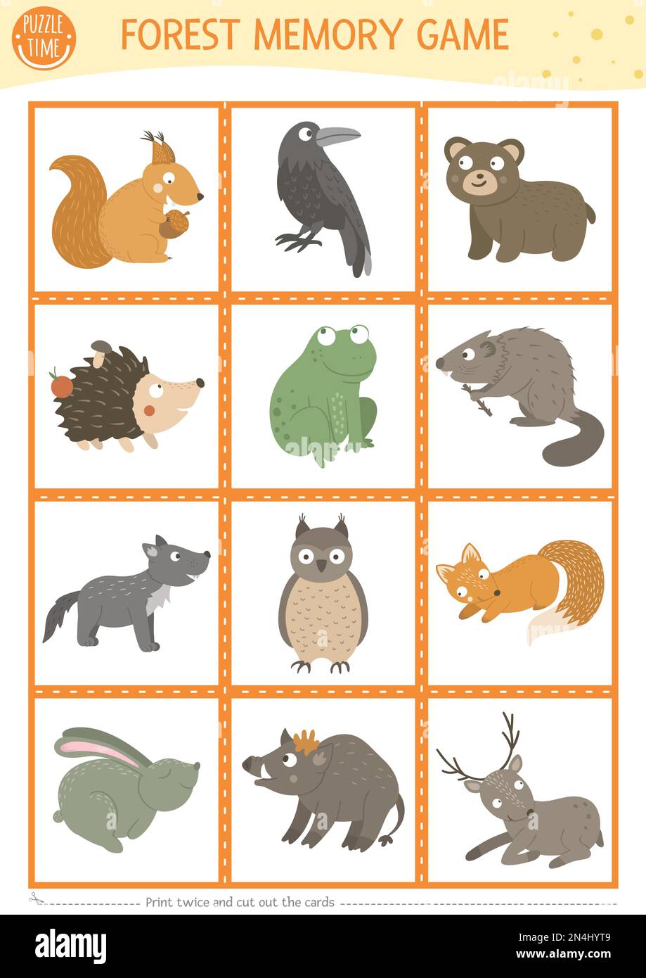 Vector forest animals and birds memory game cards with squirrel, raven, bear. Woodland matching activity. Remember and find correct card. Simple print Stock Vector