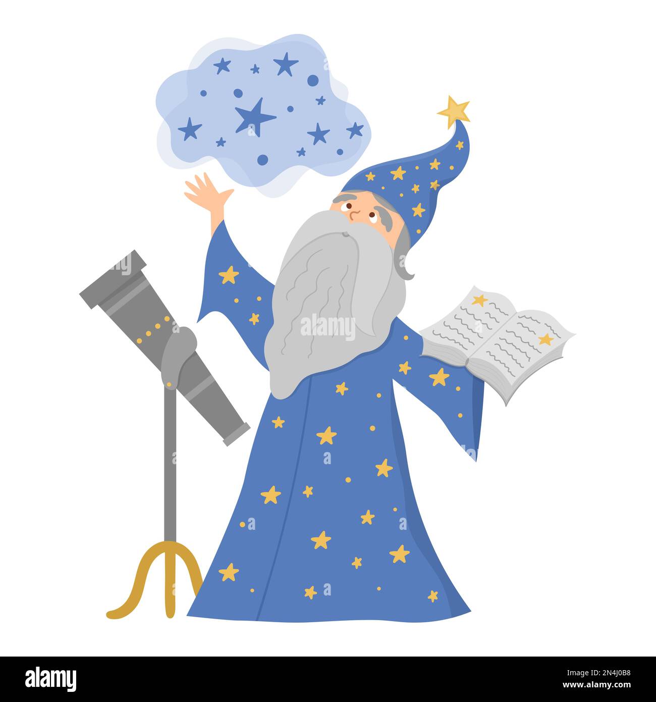 Fairy tale vector stargazer with telescope holding spell book. Fantasy wizard in tall hat isolated on white background. Fairytale astrologist in blue Stock Vector