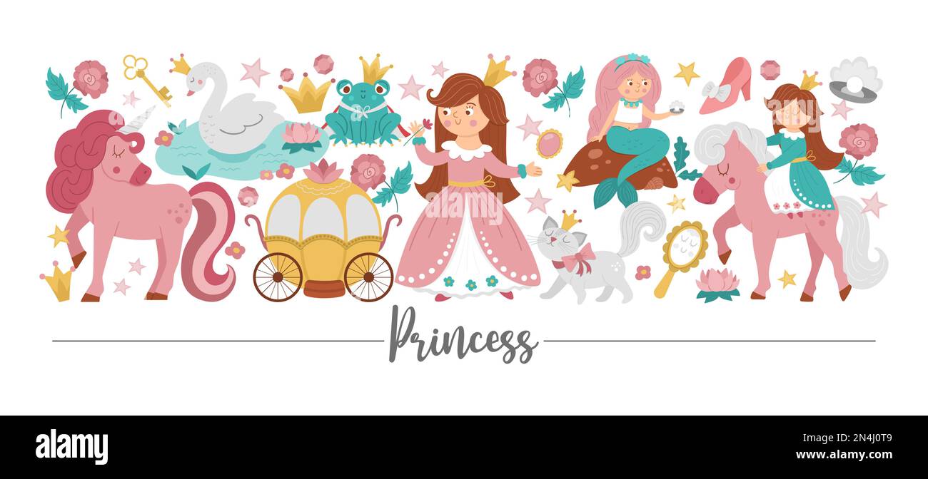 Vector horizontal border set with cute fantasy princess, unicorn and fairytale elements. Medieval fairy tale card template design with cute magic char Stock Vector