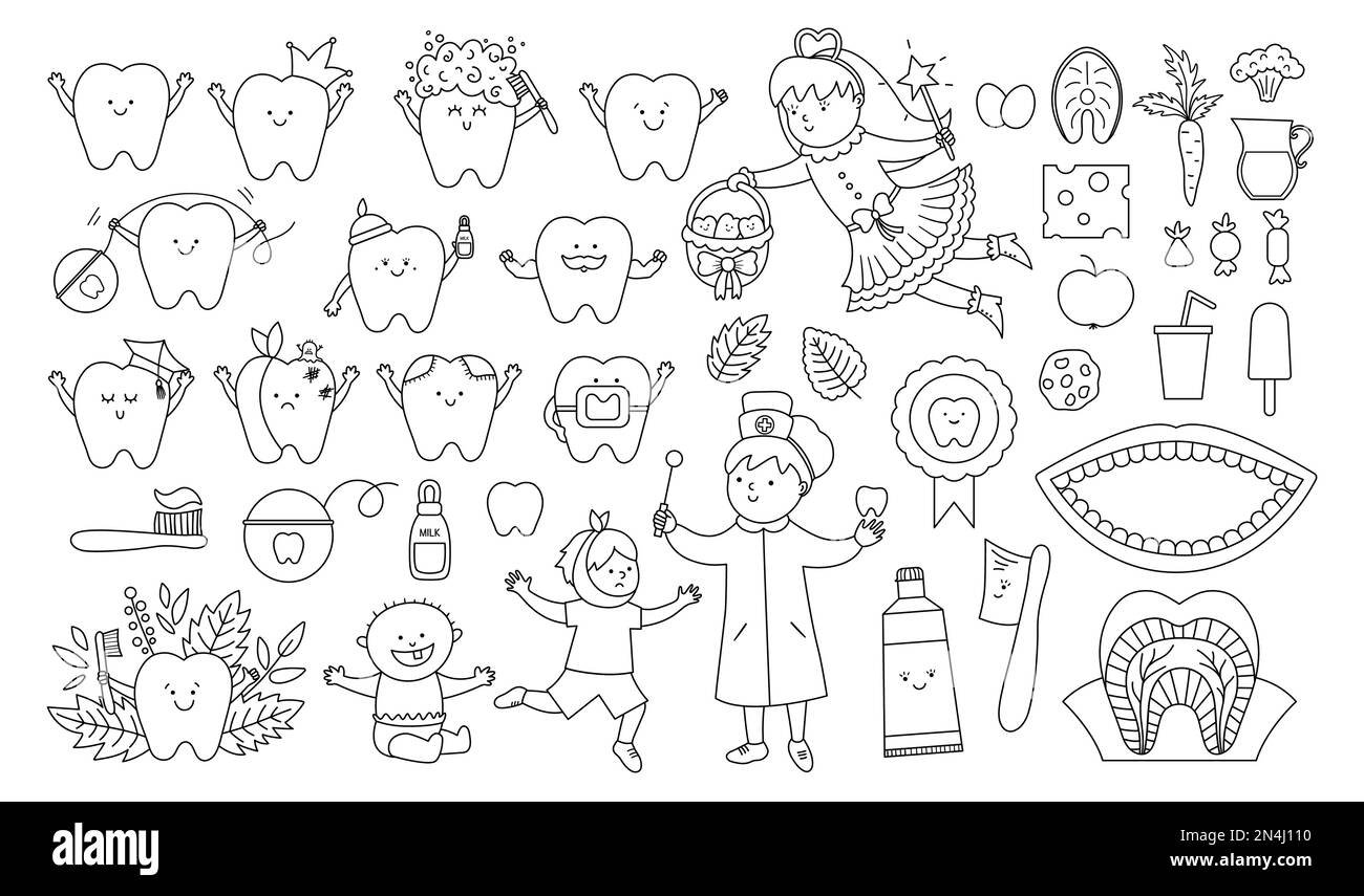Black and white dental care vector set. Outline collection with Tooth fairy, smiling toothbrush, teeth, dentist, dental clinic, tools. Big stomatology Stock Vector