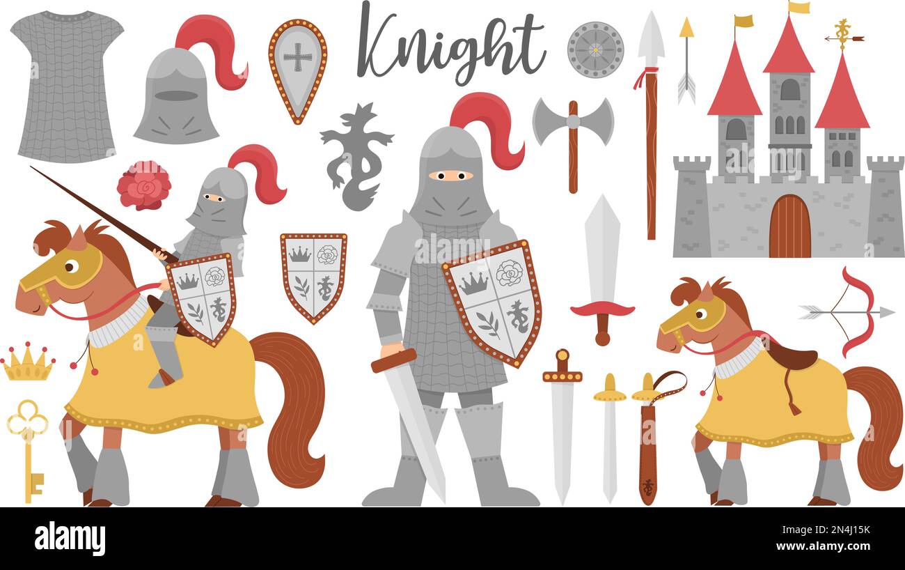 Fairy tale knight armor collection. Big vector set of fantasy armored warrior and castle. Fairytale soldier pack with sword, shield, horse, crown, cha Stock Vector