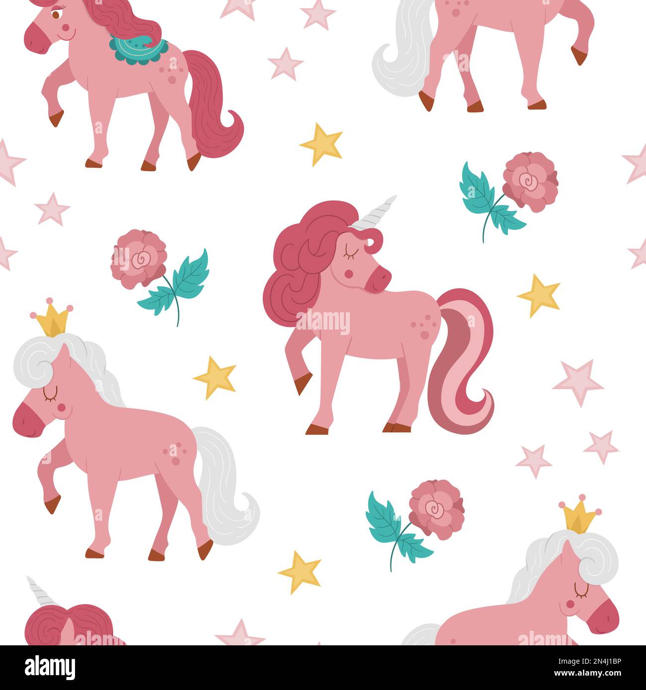 Vector seamless pattern with pink unicorn, rose, stars, crowns. Fairy tale princess repeat background. Girlish cartoon magic texture with fantasy hors Stock Vector