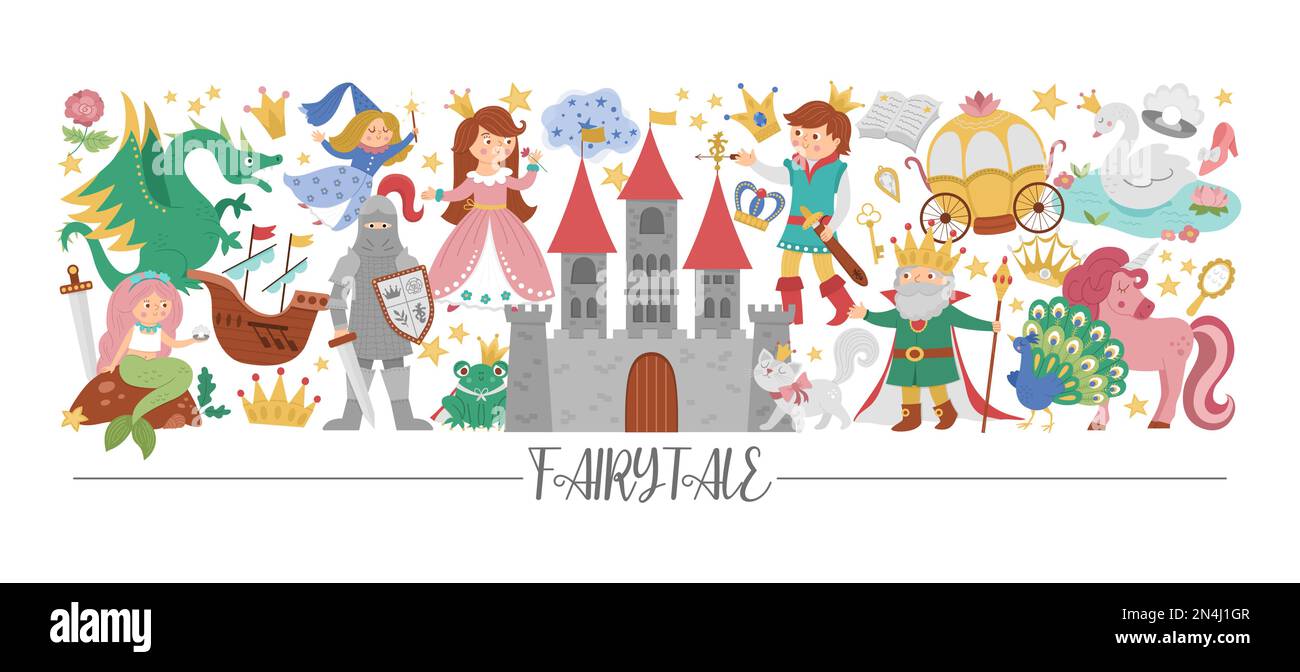 Vector horizontal border set with cute fairy tale characters and objects. Fairytale card template design with princess and prince. Cute fantasy castle Stock Vector