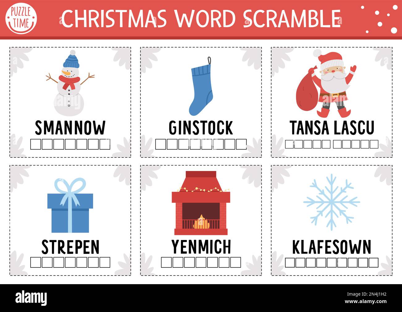 Vector Christmas word scramble activity cards. English language game with cute Santa Claus, Christmas tree, snowman for kids. Holiday winter party fam Stock Vector