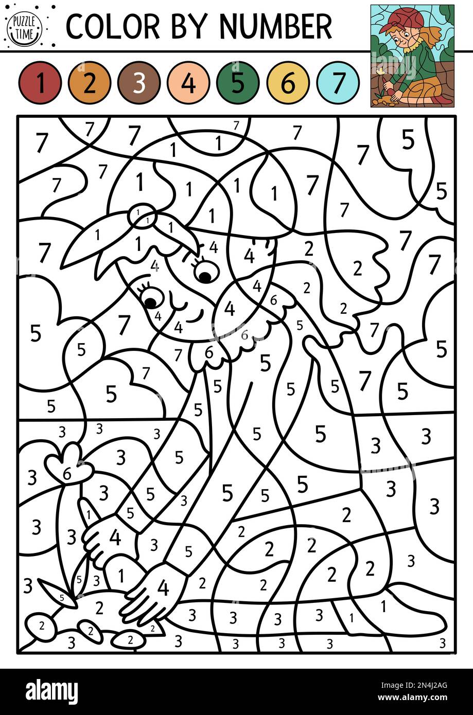 Vector spring color by number activity with girl planting flower ...