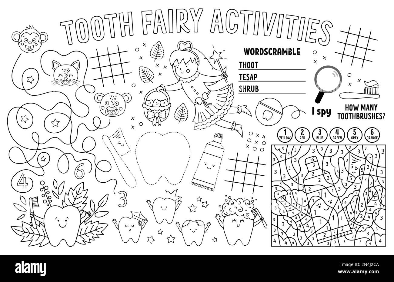 Vector Tooth Fairy placemat for kids. Mouth care printable activity mat