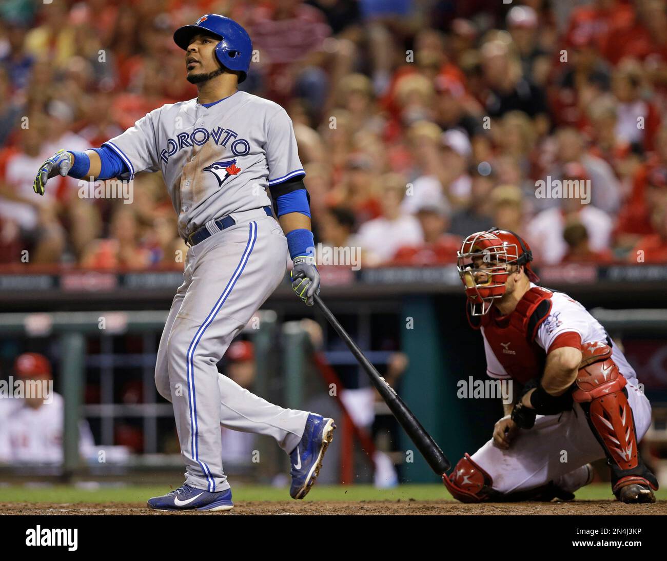 Toronto Blue Jays' Edwin Encarnacion watches his threerun home run off