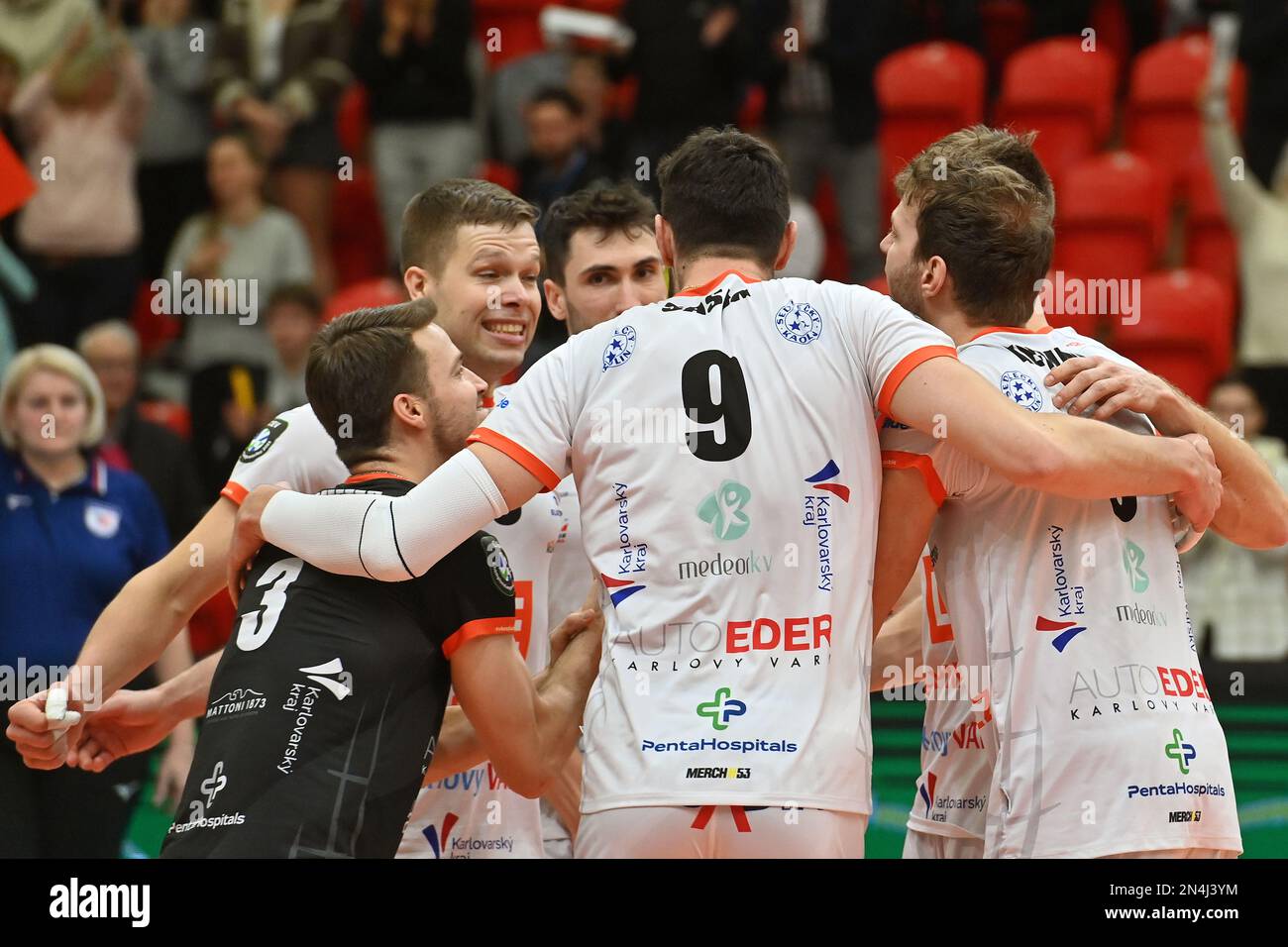 Karlovy Vary, Czech Republic. 08th Feb, 2023. Volleyball players of VK CEZ Karlovarsko celebrate